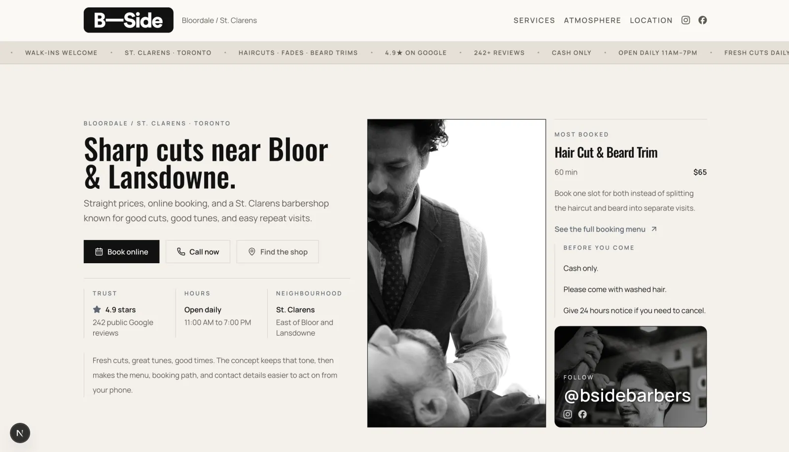 Barbershop website shown in a desktop screen