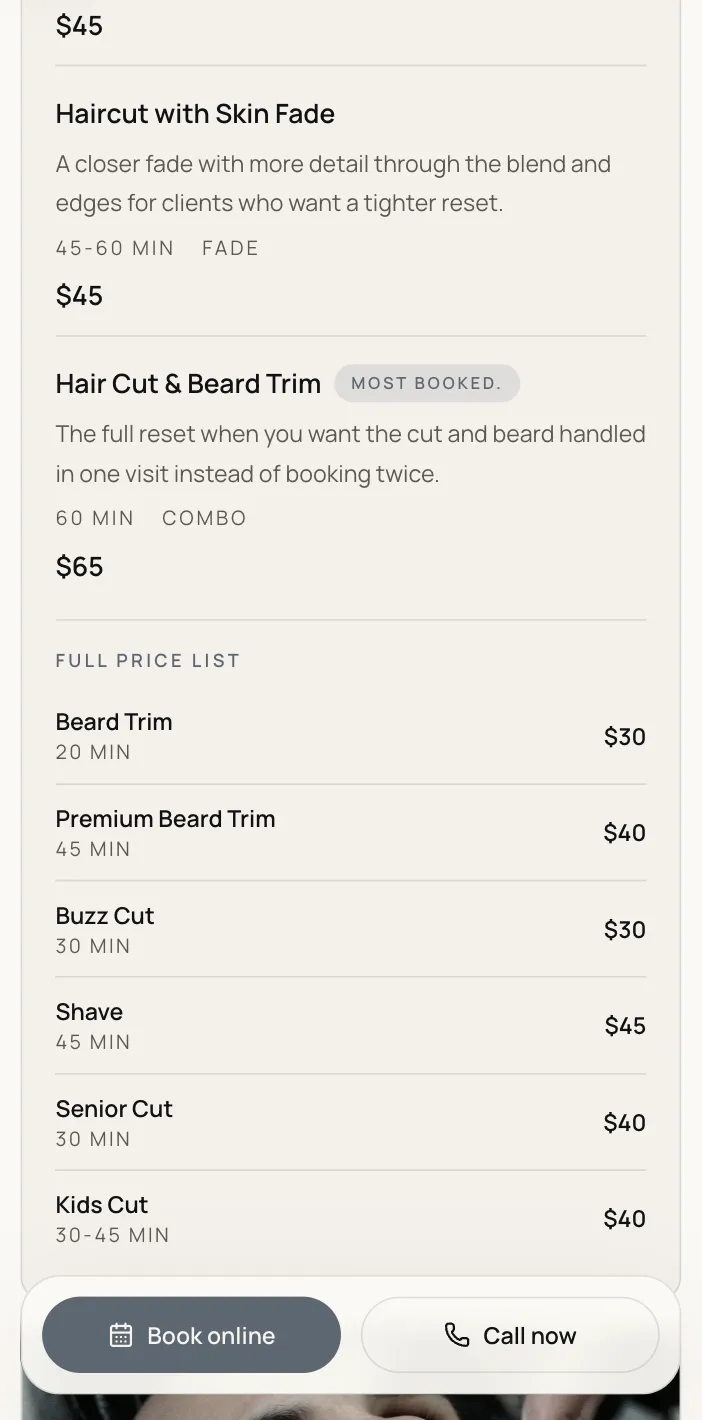 Barbershop service menu shown in a phone screen