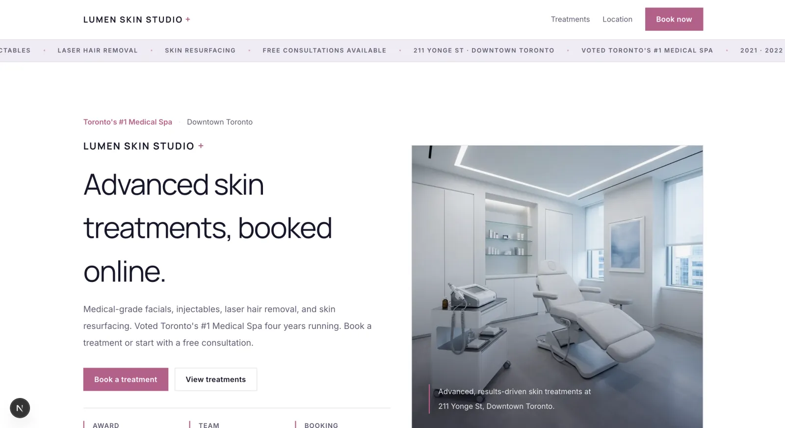 Lumen Skin Studio website with its treatment room and booking call to action